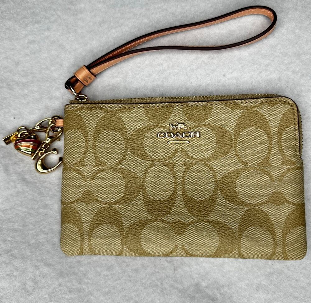 Coach Corner Zip Wristlet Signature Canvas with Gold Charms C8726 NWOT